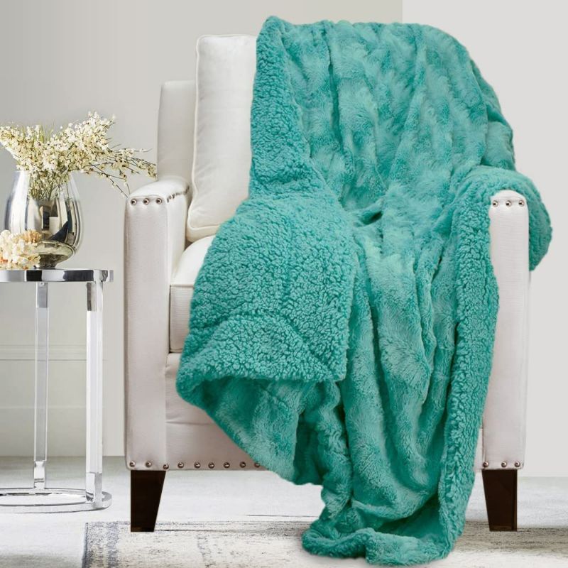 Photo 1 of The Connecticut Home Company Throw Blanket, Soft Plush Reversible Velvet and Sherpa, Queen 90x90, Warm Thick Throws for Bed, Comfy Washable Bedding Accent Blankets for Sofa Couch Chair, Slate TURQUOISE