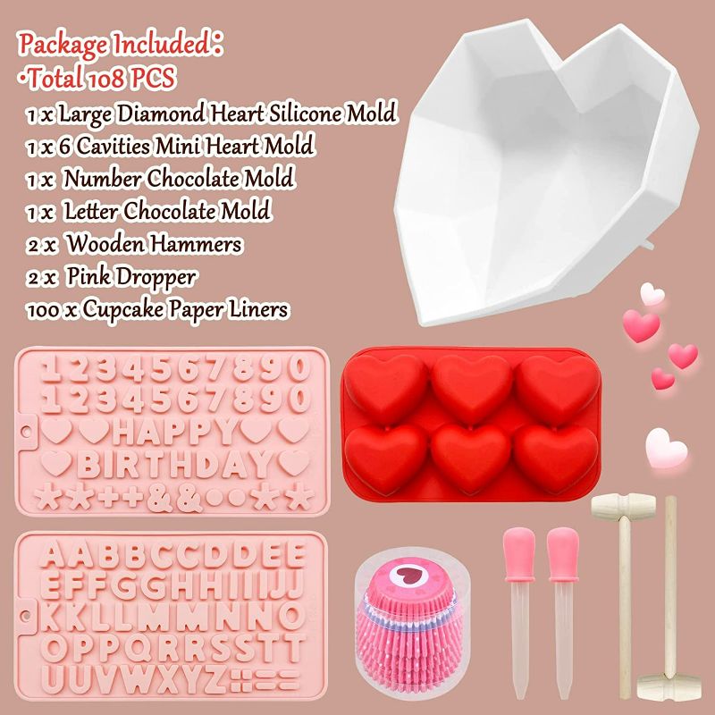 Photo 3 of Silicone Chocolate Breakable Diamond Heart Shaped Candy Molds with Cupcake Liners Wooden Hammer Number Letter Molds for Chocolate Baking, Gifts for Birthday Anniversary Wedding BROWN/TAN