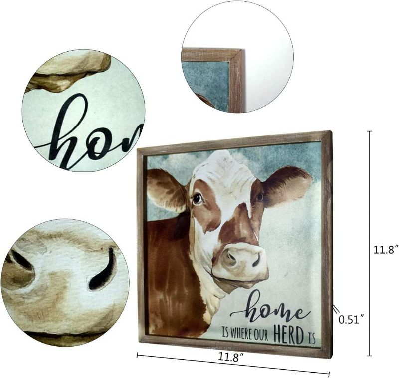 Photo 4 of HOMirable Wall Decor Rustic Home Sign Animal Country Farmhouse Print Picture Canvas Vintage Wall Art Plaque Decoration for Kitchen Bedroom Bathroom 11.8" x 11.8" (COW)