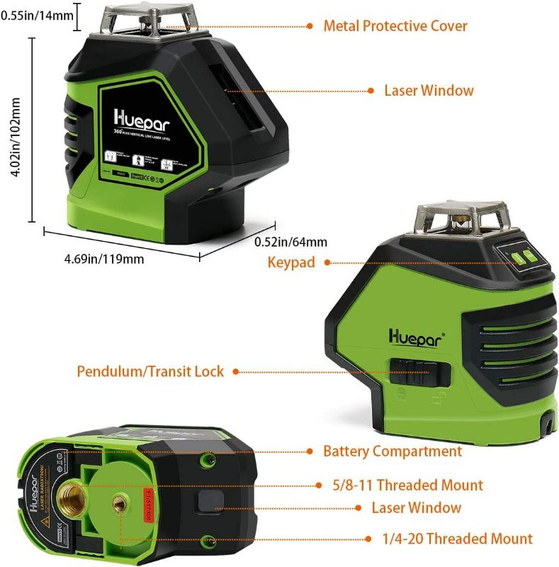 Photo 5 of Huepar Self-Leveling Green Laser Level Cross Line with 2 Plumb Dots Laser Tool -360-Degree Horizontal Line Plus Large Fan Angle of Vertical Beam with Up & Down Points -Magnetic Pivoting Base 621CG