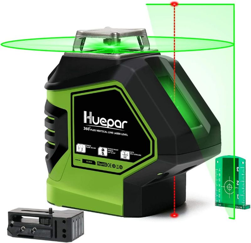 Photo 1 of Huepar Self-Leveling Green Laser Level Cross Line with 2 Plumb Dots Laser Tool -360-Degree Horizontal Line Plus Large Fan Angle of Vertical Beam with Up & Down Points -Magnetic Pivoting Base 621CG