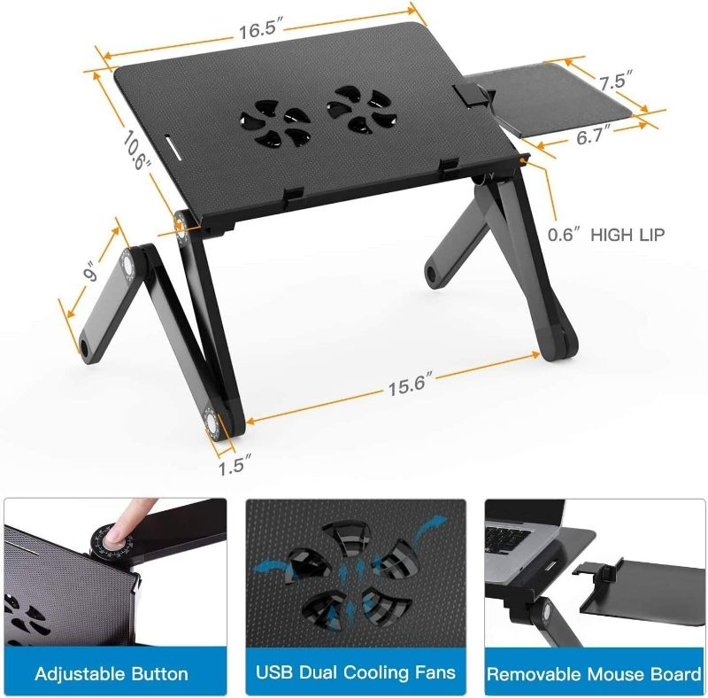 Photo 4 of HUANUO Adjustable Laptop Stand, Portable Laptop Table Stand with 2 CPU Cooling Fans, Ergonomic Lap Desk TV Bed Tray Standing Desk black