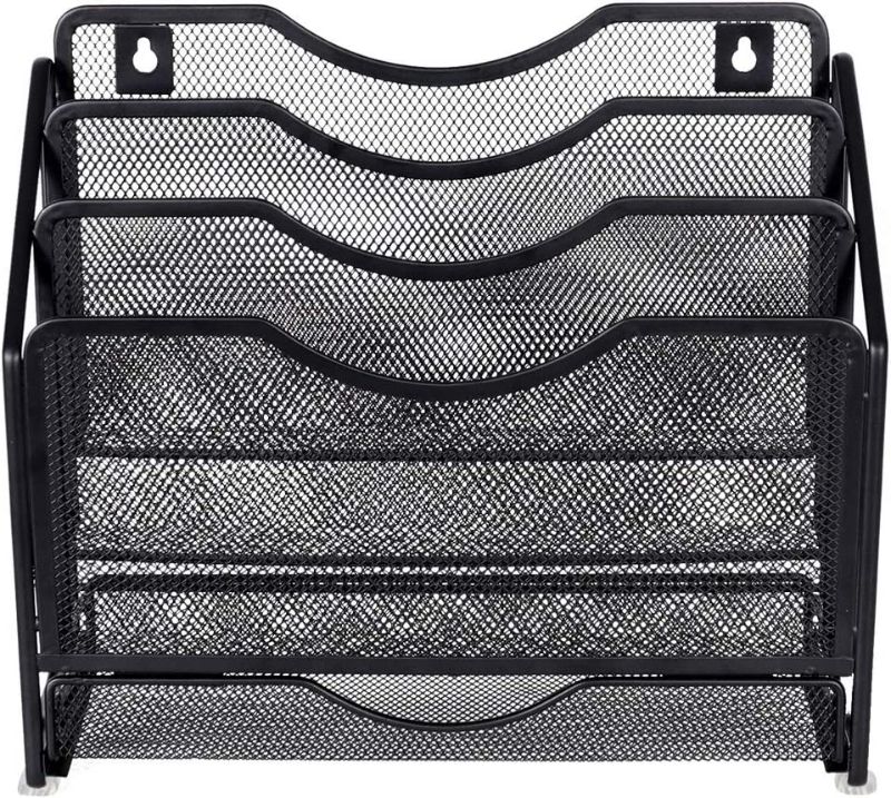Photo 3 of EasyPAG Mesh Desk Paper Organizer Wall Hanging File Holder with 3 Upright File Organizer and Sliding Drawer ,Black