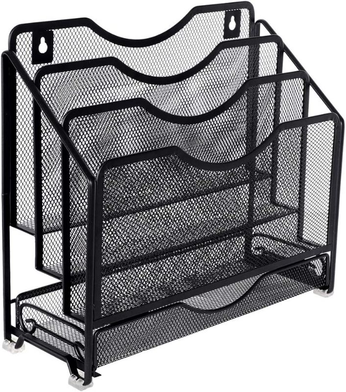 Photo 1 of EasyPAG Mesh Desk Paper Organizer Wall Hanging File Holder with 3 Upright File Organizer and Sliding Drawer ,Black