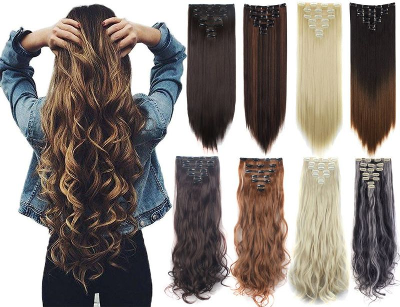 Photo 1 of 7Pcs 16 Clips 23"-24" Thick Curly Straight Full Head Clip in on Double Weft Hair Extensions