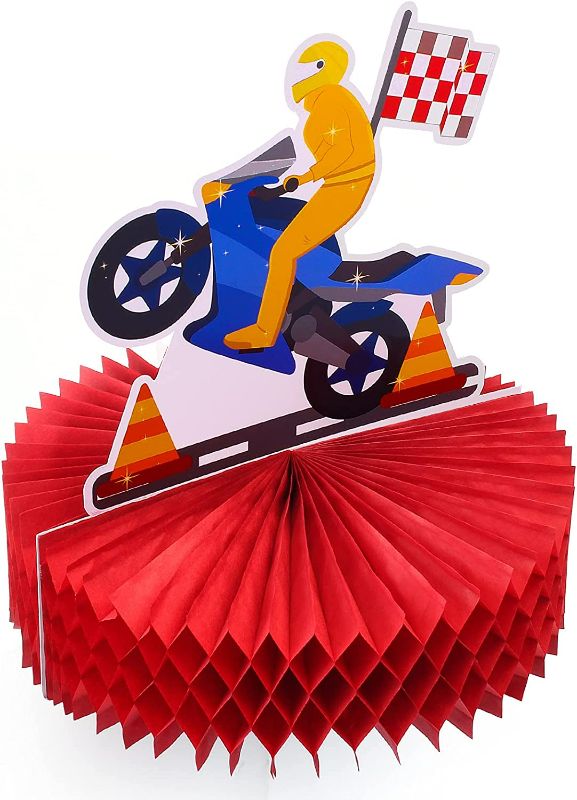 Photo 2 of Kyson 7 Pieces Dirt Bike Motorcycle Racing theme Party Decoration Motocross Game Table Centerpieces Honeycomb for Man’s or Boy’s Happy Birthday Party Supplies