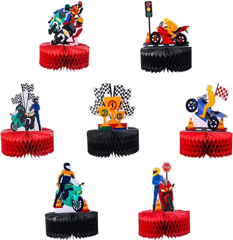 Photo 1 of Kyson 7 Pieces Dirt Bike Motorcycle Racing theme Party Decoration Motocross Game Table Centerpieces Honeycomb for Man’s or Boy’s Happy Birthday Party Supplies