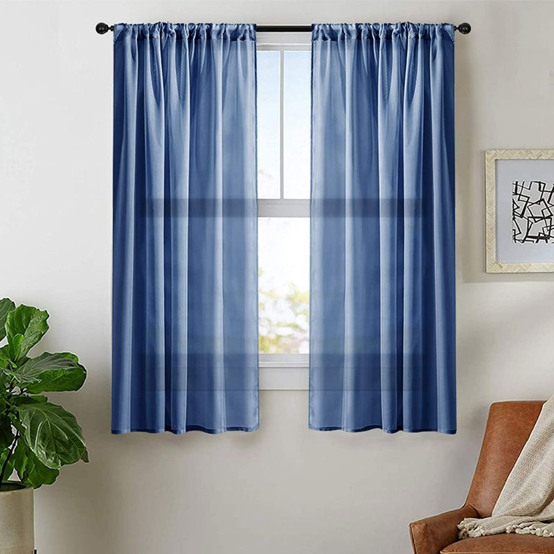 Photo 1 of MRTREES Short Sheer Curtains 54"W x 45"L Sheers Kitchen Curtains Small Window Navy Blue Voile Basement Curtains Rod Pocket Bathroom Window Treatment Set 2 Panels