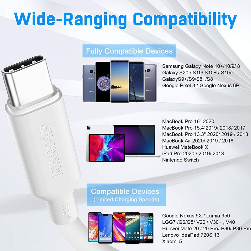 Photo 4 of USB C to USB C 100W?3-Pack 6.6ft/2m?SHONSIN Super Fast Charging USB C Cable 20V 5A, E-Marker Chip Built-in, 480 Mbps Data Transfer, for Apple MacBook, iPad Pro/Air, Google Pixel WHITE
