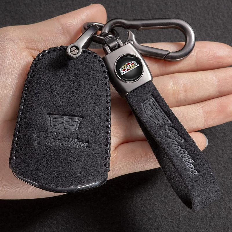 Photo 2 of Genuine Leather Key Fob Cover Compatible with 2015-2019 Cadillac Escalade, CTS, SRX, ,XT5, ATS, (5 Buttons),Key case Smart Suitable for Cadillac Key Holder NAVY BLUE 