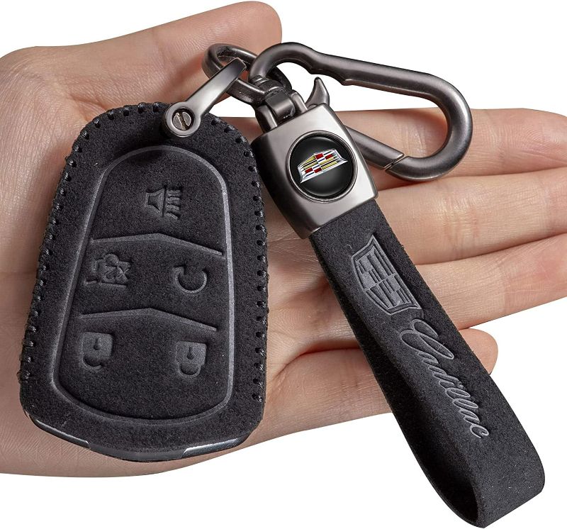 Photo 1 of Genuine Leather Key Fob Cover Compatible with 2015-2019 Cadillac Escalade, CTS, SRX, ,XT5, ATS, (5 Buttons),Key case Smart Suitable for Cadillac Key Holder NAVY BLUE 