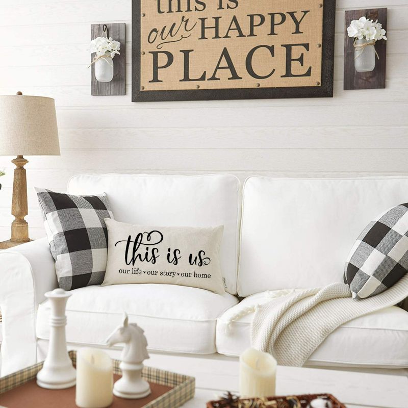 Photo 4 of Meekio Farmhouse Pillow Covers with This is Us Quote 12" x 20" Farmhouse Rustic Décor Lumbar Pillow Covers with Saying Housewarming Gifts Family Room Décor (Set of 4)