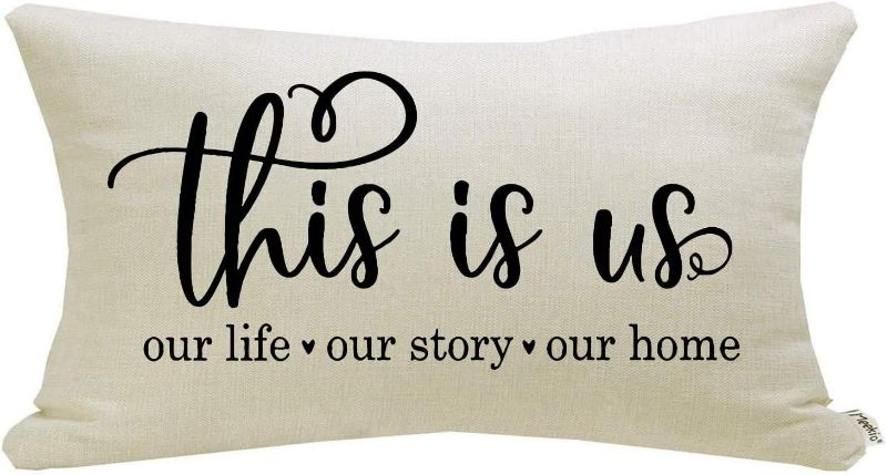 Photo 1 of Meekio Farmhouse Pillow Covers with This is Us Quote 12" x 20" Farmhouse Rustic Décor Lumbar Pillow Covers with Saying Housewarming Gifts Family Room Décor (Set of 4)
