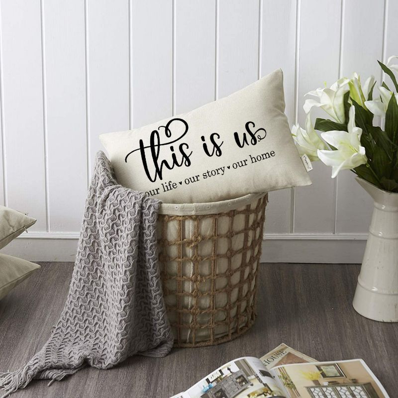 Photo 3 of Meekio Farmhouse Pillow Covers with This is Us Quote 12" x 20" Farmhouse Rustic Décor Lumbar Pillow Covers with Saying Housewarming Gifts Family Room Décor (Set of 4)