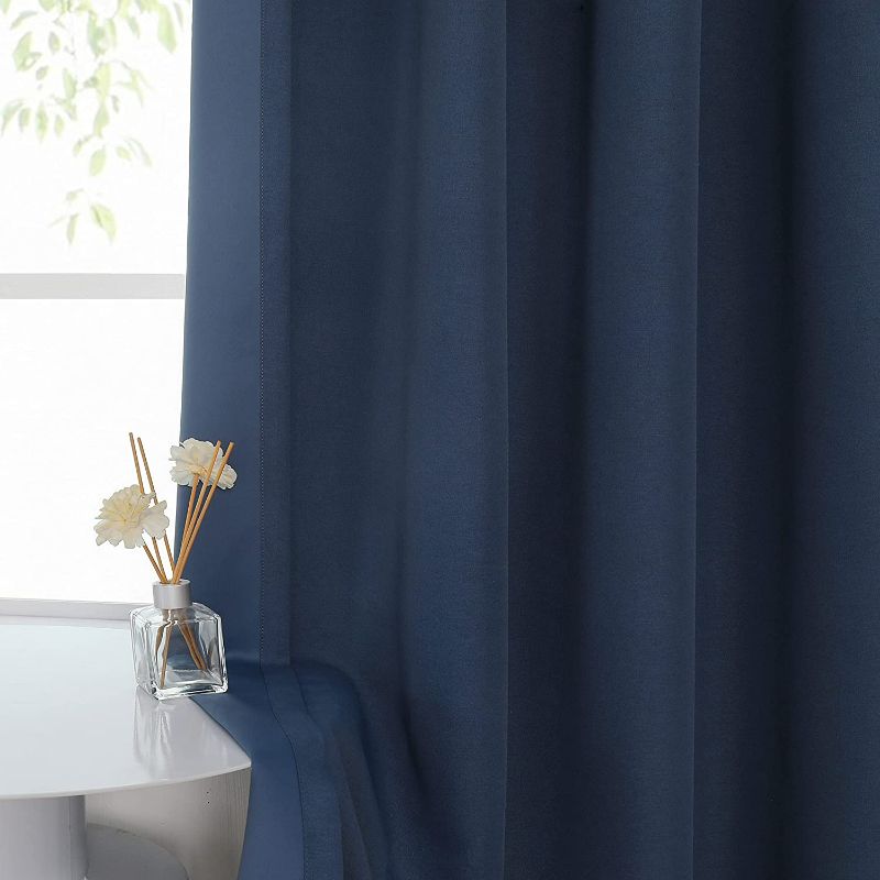 Photo 5 of Central Park Navy Blue 99% Blackout Curtains 2 Panels for Bedroom 84" Farmhouse Window Treatment Textured Triple Weave Room Darkening with Grommets Drapes for Living Room, 50"x84"x2, Blue