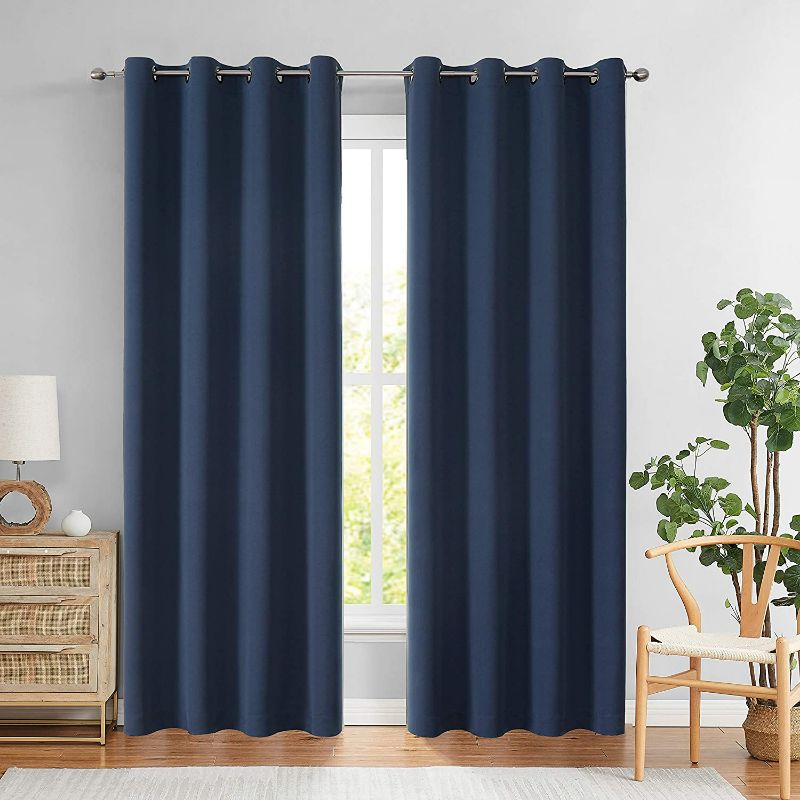 Photo 1 of Central Park Navy Blue 99% Blackout Curtains 2 Panels for Bedroom 84" Farmhouse Window Treatment Textured Triple Weave Room Darkening with Grommets Drapes for Living Room, 50"x84"x2, Blue