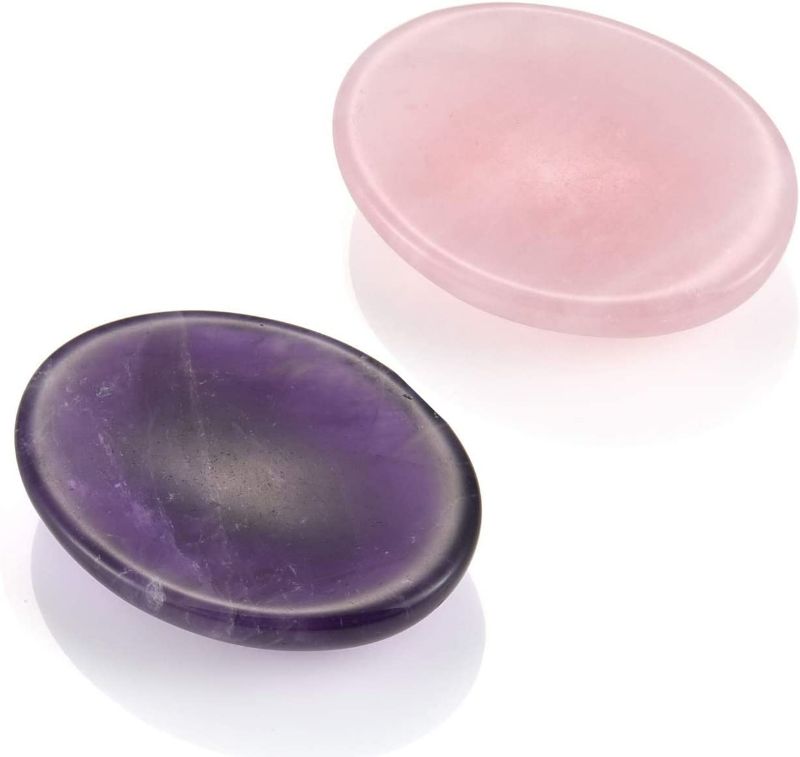 Photo 1 of  Healing Crystal Amethyst & Rose Quartz Thumb Worry Stone Oval Pocket Palm Gemstones for Anxiety Therapy Geometry Chakra Reiki Balancing -2Pcs (White and Pink)