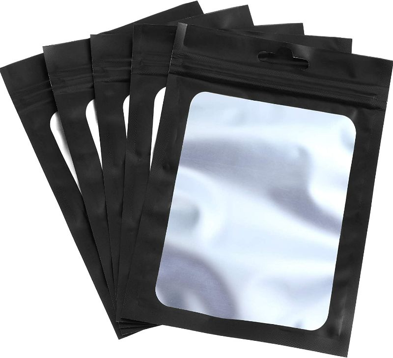 Photo 1 of 100 Pieces Mylar Bags Smell Proof Bags Resealable Bags for Small Business with Clear Window Holographic Bags for Food Storage and Lip Gloss, Jewelry, Eyelash Packaging (Black 3.93x7.08 inches)