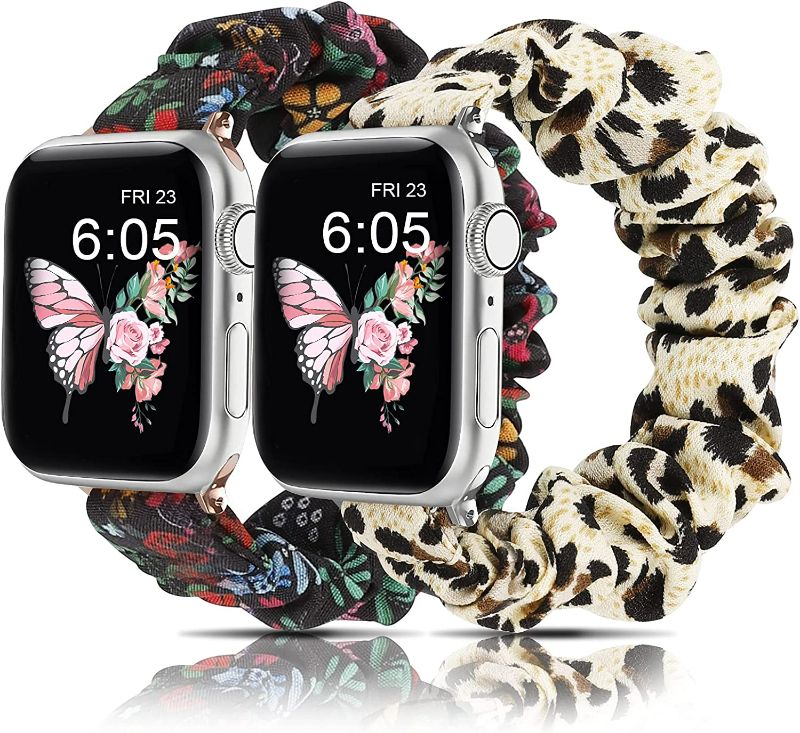 Photo 1 of Wearlizer 2 Packs Compatible with Scrunchies Apple Watch Band 38mm 40mm 41mm 42mm 44mm 45mm 49mm Cute Pattern Printed Fabric Elastic Stretchy Band for iWatch Series Ultra 8 7 6 5 4 3 2 1 SE ( Leopard/Rainbow)