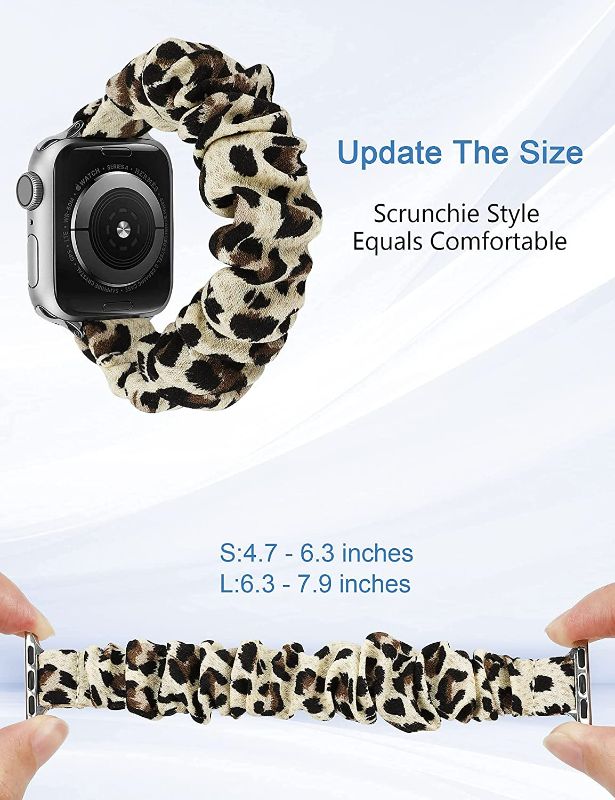 Photo 4 of Wearlizer 2 Packs Compatible with Scrunchies Apple Watch Band 38mm 40mm 41mm 42mm 44mm 45mm 49mm Cute Pattern Printed Fabric Elastic Stretchy Band for iWatch Series Ultra 8 7 6 5 4 3 2 1 SE ( Leopard/Rainbow)