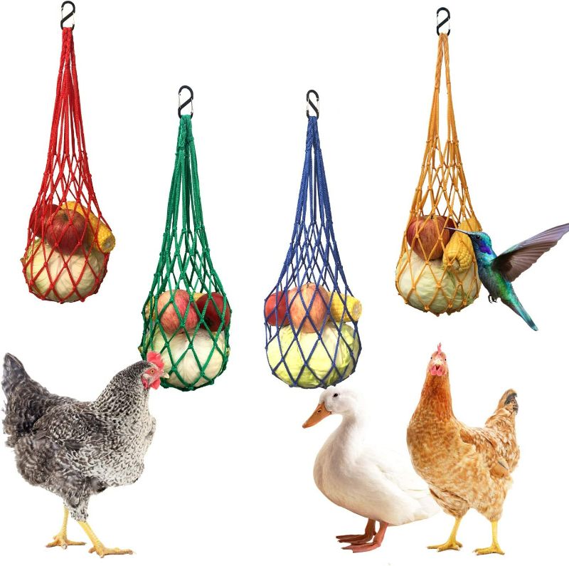 Photo 1 of  Blue and Yellow 2PCS Chicken Vegetable String Bag, Poultry Fruit Holder Chicken Cabbage Feeder Treat Feeding Tool with Hook for Hens Chicken Coop Toy for Hen Goose Duck Large Birds