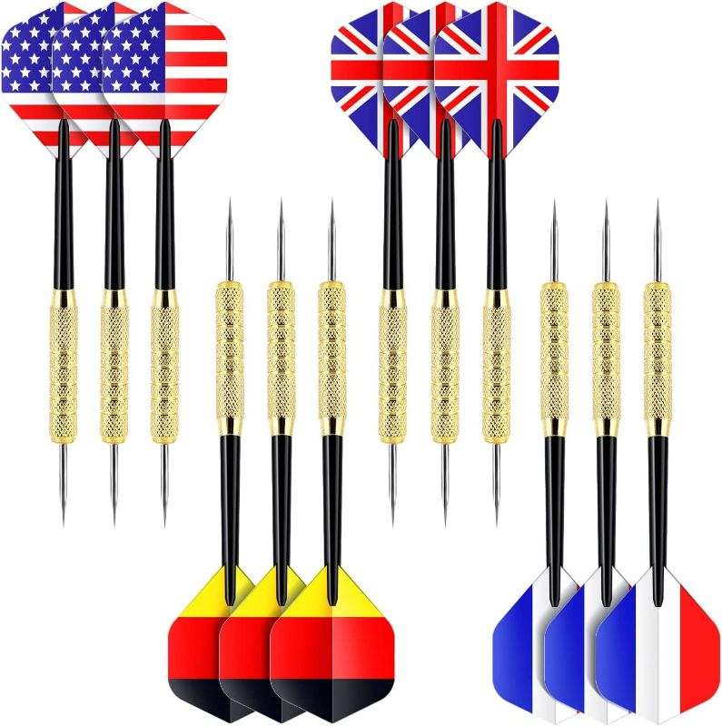 Photo 1 of Ohuhu Steel Tip Darts, Professional Metal Darts with National Flag Flights (4 Styles) - Dart Metal Tip Set, 12 Pcs Metal Dart, Darts for Dartboard with 3 Free PVC Dart Rods
