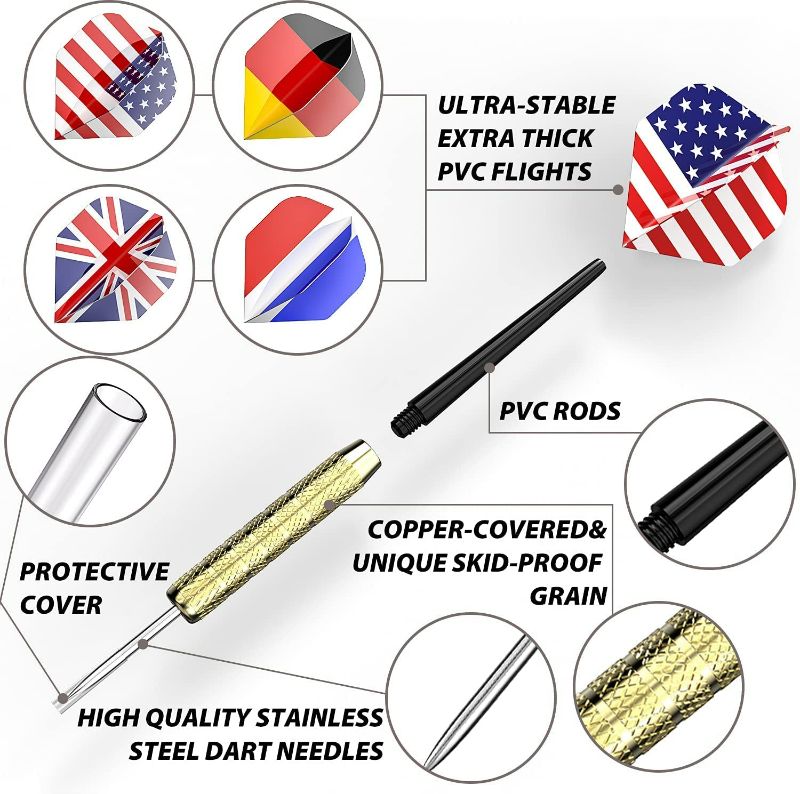 Photo 3 of Ohuhu Steel Tip Darts, Professional Metal Darts with National Flag Flights (4 Styles) - Dart Metal Tip Set, 12 Pcs Metal Dart, Darts for Dartboard with 3 Free PVC Dart Rods