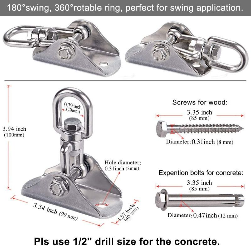 Photo 6 of SELEWARE Innovative 1000 lb Capacity Permanent Antirust SUS304 360° Rotate Swing Hanger Suspension Hooks with Bolt for Concrete Wooden Sets Playground Porch Indoor Outdoor Seat, Gym