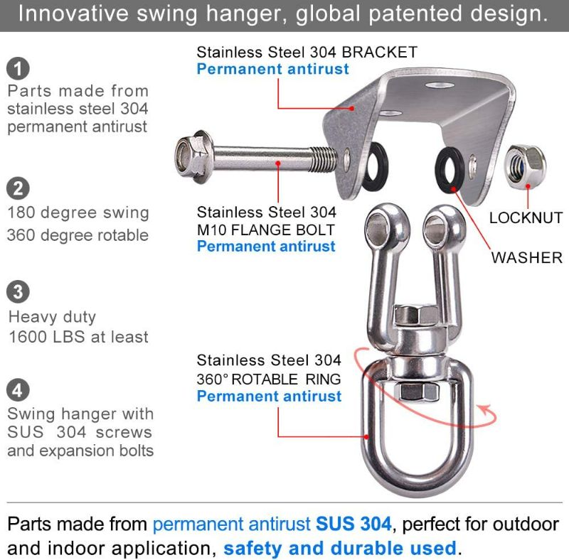 Photo 4 of SELEWARE Innovative 1000 lb Capacity Permanent Antirust SUS304 360° Rotate Swing Hanger Suspension Hooks with Bolt for Concrete Wooden Sets Playground Porch Indoor Outdoor Seat, Gym