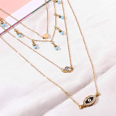 Photo 3 of CanB Layered Choker Necklace Heart Choker Crystal Pendant Drop Chain Necklace Evil Eye Jewelry Tassek Necklace