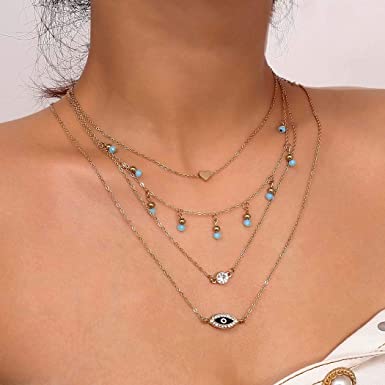 Photo 1 of CanB Layered Choker Necklace Heart Choker Crystal Pendant Drop Chain Necklace Evil Eye Jewelry Tassek Necklace