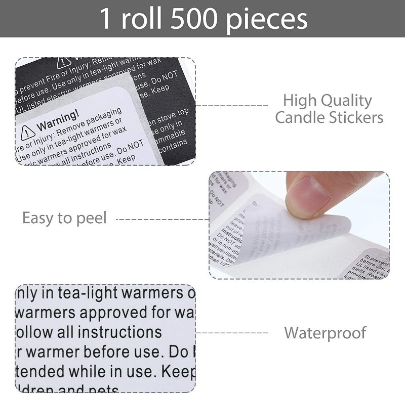 Photo 2 of 500 White  Pieces Wax Melt Warning Labels Candle Warning Stickers Waterproof Safety Warning Labels Candle Jar Container Decals for Soy Wax DIY Candle Making Jars and Tins,( 2.4 x 1.6 Inch) WHITE