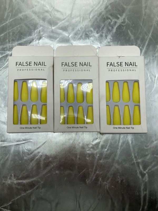 Photo 7 of ( Pack of 3 ) Super Long Matte Press on Nails Coffin Ballerina Yellow Extra Long Fake Nails Acrylic Artificial Nails False Nails Tips for Women and Girls 24Pcs (Yellow)