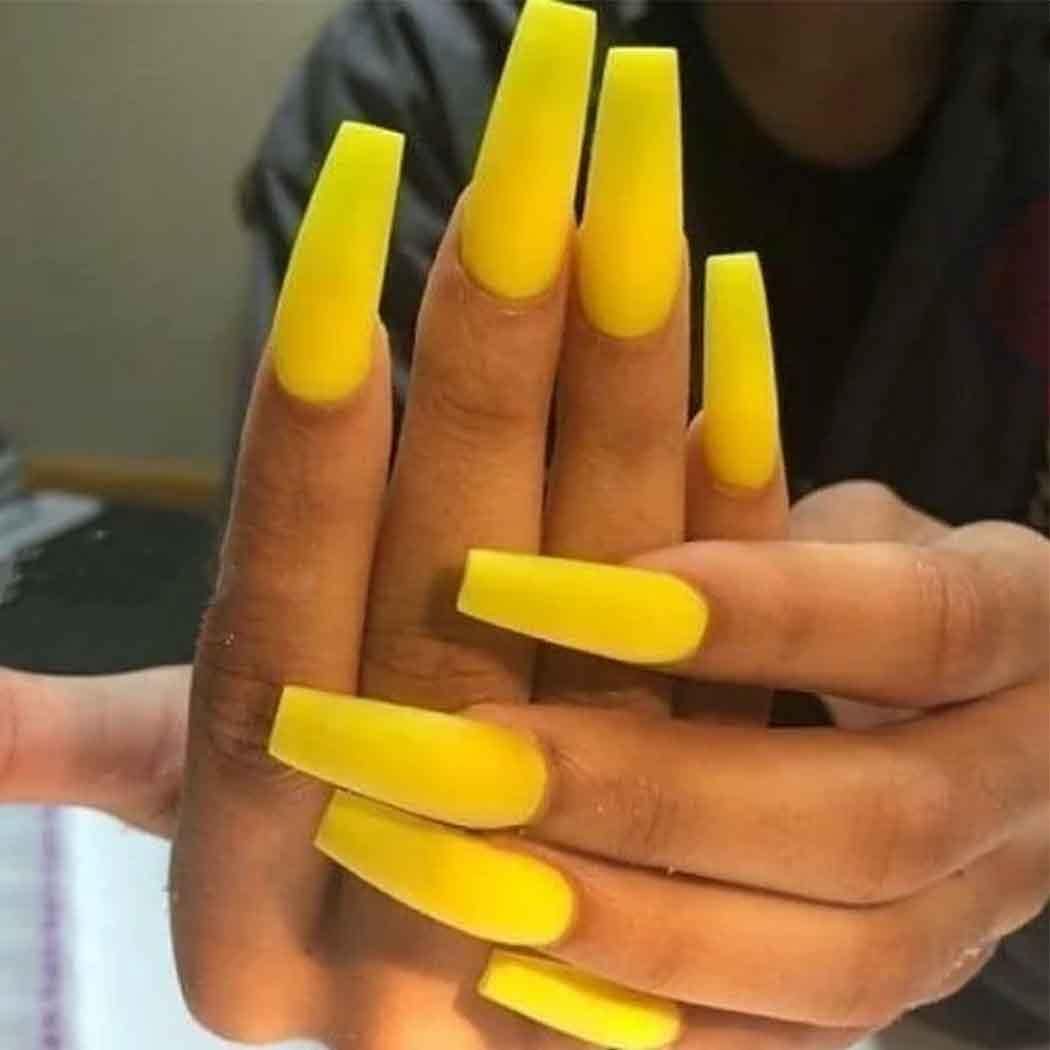 Photo 4 of ( Pack of 3 ) Super Long Matte Press on Nails Coffin Ballerina Yellow Extra Long Fake Nails Acrylic Artificial Nails False Nails Tips for Women and Girls 24Pcs (Yellow)