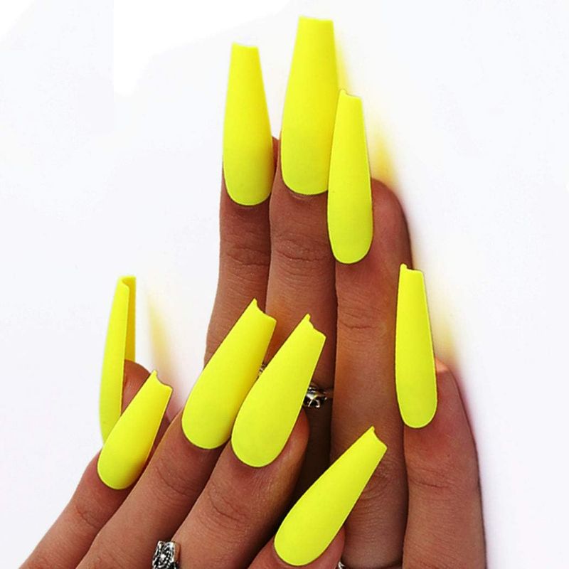 Photo 5 of ( Pack of 3 ) Super Long Matte Press on Nails Coffin Ballerina Yellow Extra Long Fake Nails Acrylic Artificial Nails False Nails Tips for Women and Girls 24Pcs (Yellow)