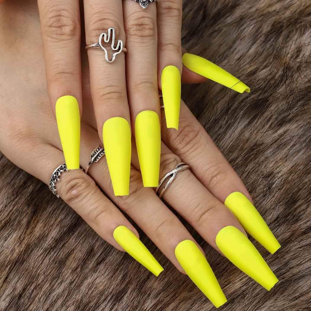 Photo 6 of ( Pack of 3 ) Super Long Matte Press on Nails Coffin Ballerina Yellow Extra Long Fake Nails Acrylic Artificial Nails False Nails Tips for Women and Girls 24Pcs (Yellow)