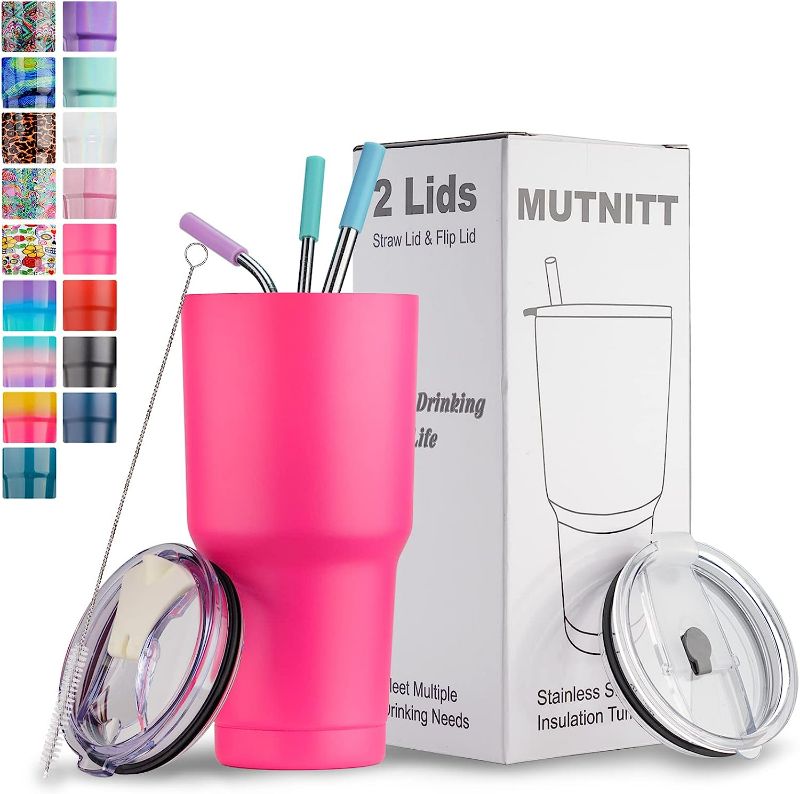 Photo 1 of 30 oz Tumbler with Lids and Straws,Stainless Steel Vacuum Insulated Coffee Tumbler,Powder Coated Insulated Travel Mug with Leak-Proof Straw Lid & Flip Lid,3 Metal Straws,1 Cleaning Brush(Fuchsia)