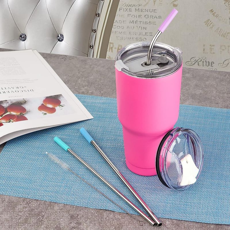 Photo 2 of 30 oz Tumbler with Lids and Straws,Stainless Steel Vacuum Insulated Coffee Tumbler,Powder Coated Insulated Travel Mug with Leak-Proof Straw Lid & Flip Lid,3 Metal Straws,1 Cleaning Brush(Fuchsia)