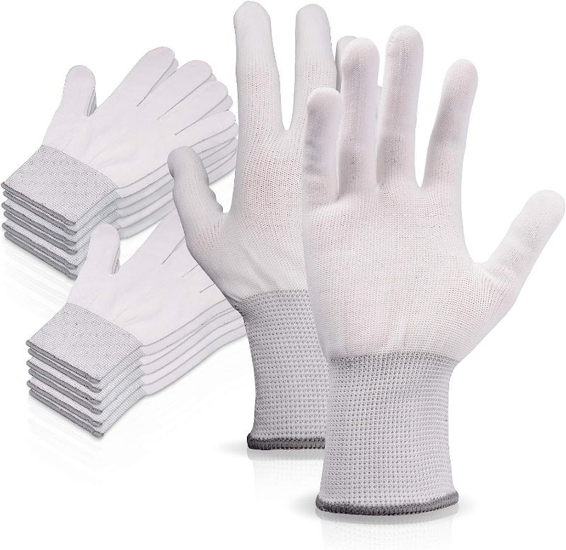 Photo 1 of (White and Pink -12 Pairs) Nylon Working Gloves Labor Vinyl Wrap Gloves Non-slip PC Building Gloves - see photo SIZE SMALL 