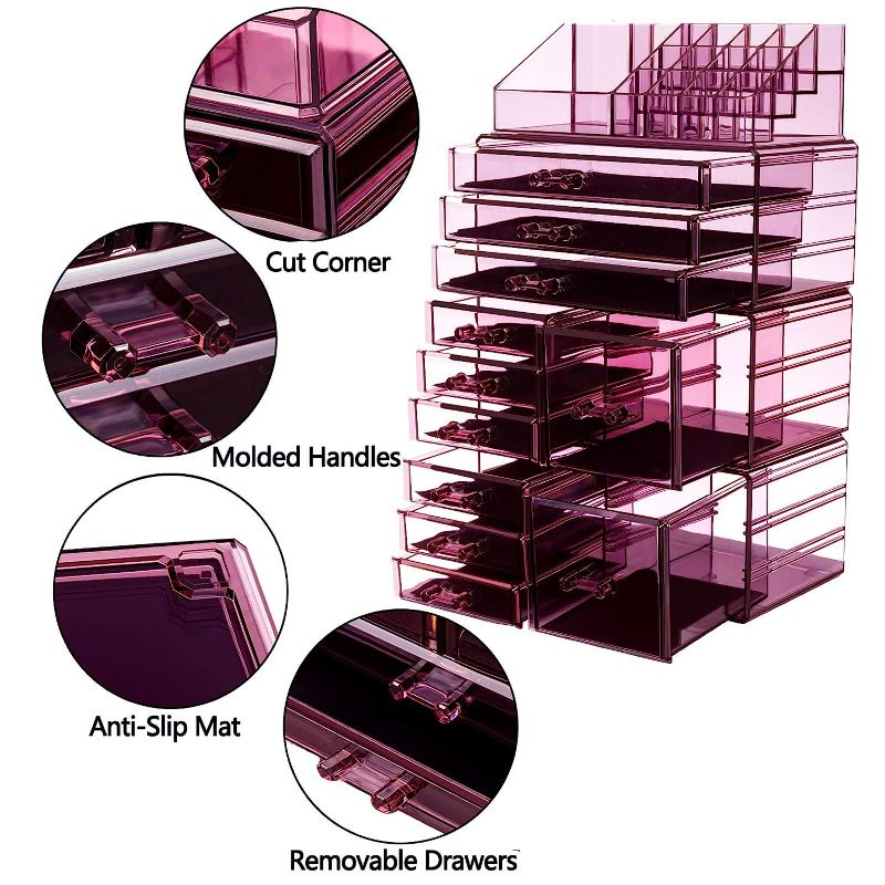 Photo 4 of HBlife Makeup Organizer Acrylic Cosmetic Storage Drawers and Jewelry Display Box with 11 Drawers, 9.5 x 5.4 x 15.8 Inches, 4 Piece, Violet