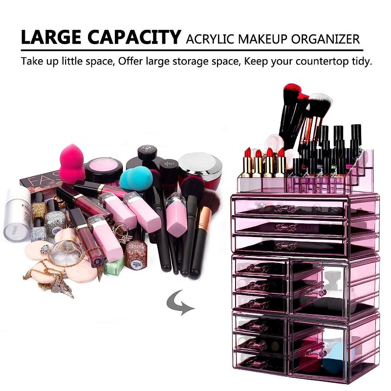 Photo 2 of HBlife Makeup Organizer Acrylic Cosmetic Storage Drawers and Jewelry Display Box with 11 Drawers, 9.5 x 5.4 x 15.8 Inches, 4 Piece, Violet