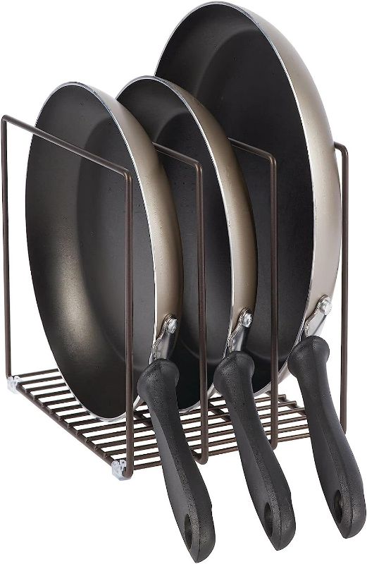 Photo 4 of (Pack of 2) mDesign Steel Storage Tray Organizer Rack for Kitchen Cabinet - Divided Holder with 3 Slots for Skillets, Frying Pan, Pot Lids, Cutting Board, Baking Sheets - Concerto Collection - Bronze