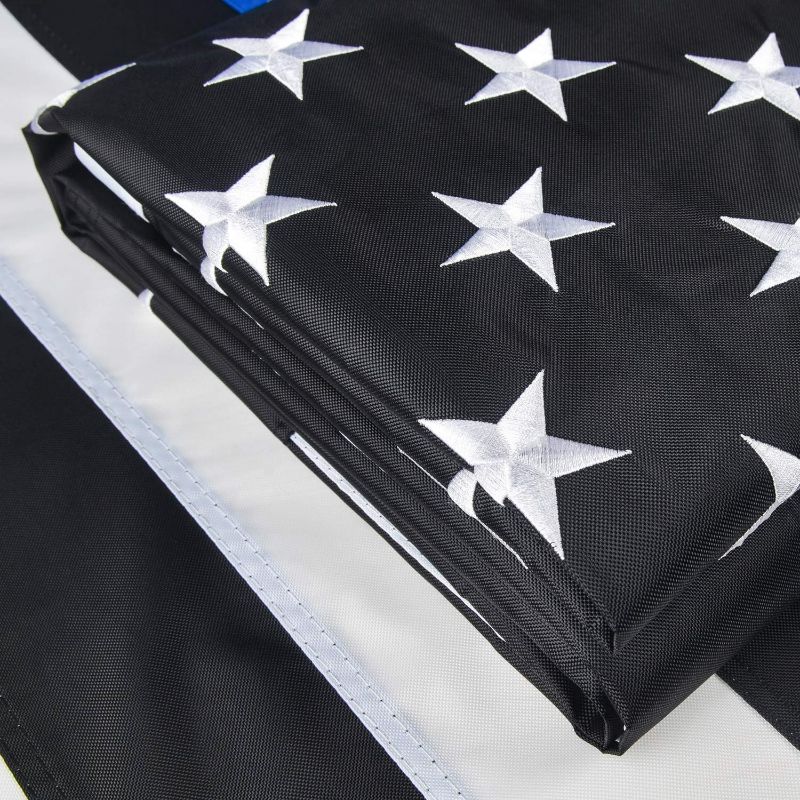 Photo 2 of Thin Blue Line Flag, 3x5 FT Blue line Flag Made in US, with Embroidered Stars, Sewn Stripes, Brass Grommets, UV Protection, 300D Nylon Black White and Blue