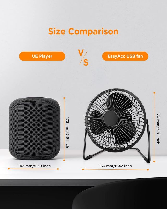 Photo 8 of EasyAcc 6 Inch USB Desk Fan, Small USB Desk Fan, [Small Quiet Strong Airflow and 360° Rotating Personal Table Cooling Fan] USB Powered Portable Fan, 2 Speed?3.3~4.1 M/S Black (USB POWERED ONLY)