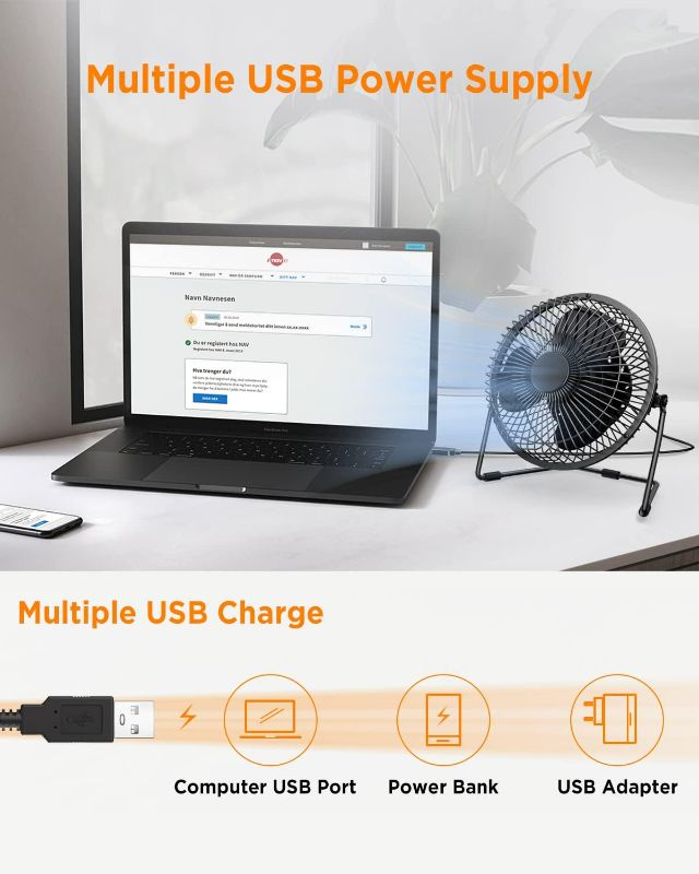 Photo 5 of EasyAcc 6 Inch USB Desk Fan, Small USB Desk Fan, [Small Quiet Strong Airflow and 360° Rotating Personal Table Cooling Fan] USB Powered Portable Fan, 2 Speed?3.3~4.1 M/S Black (USB POWERED ONLY)