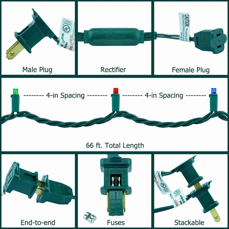 Photo 6 of YULETIME Multicolor Wide Angle LED Christmas Lights with Green Wire, 66 Feet 200 Count UL Certified Commercial Grade 5mm Holiday String Light Set (Multicolor)