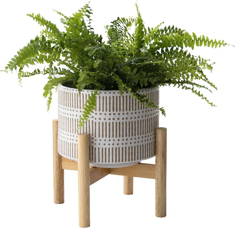 Photo 1 of LA JOLIE MUSE Ceramic Plant Pot with Wood Stand - 7.3 Inch Modern Round Decorative Flower Pot Indoor with Wood Planter Holder, Beige and White