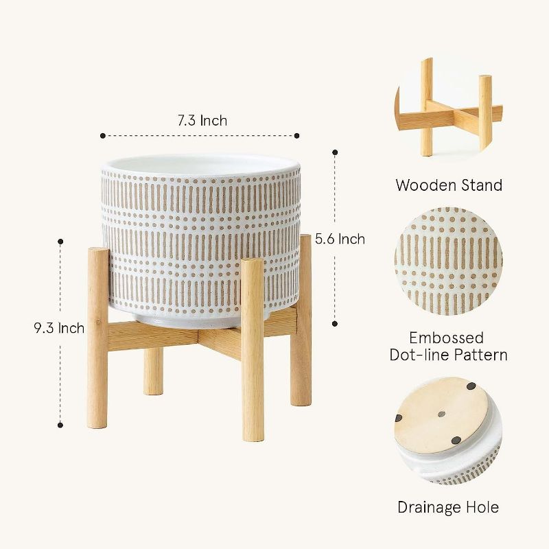 Photo 2 of LA JOLIE MUSE Ceramic Plant Pot with Wood Stand - 7.3 Inch Modern Round Decorative Flower Pot Indoor with Wood Planter Holder, Beige and White