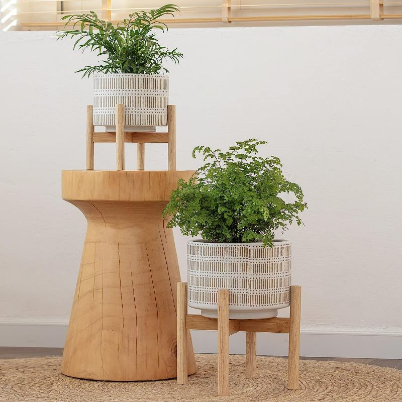 Photo 4 of LA JOLIE MUSE Ceramic Plant Pot with Wood Stand - 7.3 Inch Modern Round Decorative Flower Pot Indoor with Wood Planter Holder, Beige and White