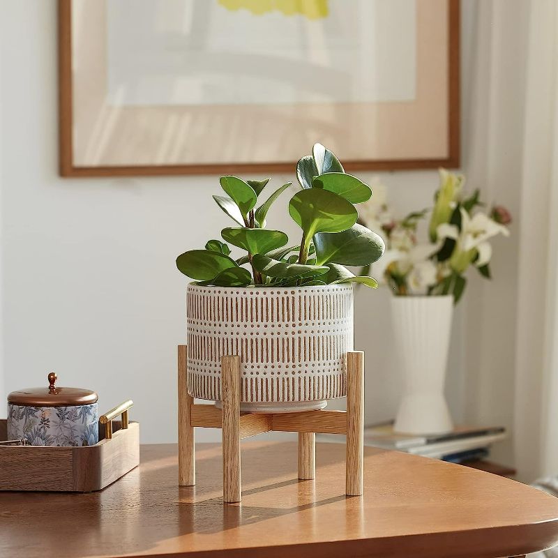 Photo 3 of LA JOLIE MUSE Ceramic Plant Pot with Wood Stand - 7.3 Inch Modern Round Decorative Flower Pot Indoor with Wood Planter Holder, Beige and White